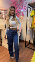 Calça Jeans Cargo Bolsos Laterais Lavagem Escura