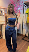 Calça Jeans Wide Leg Cós Duplos Lavagem Escura