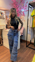 Calça jeans cargo lavagem média