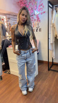 Calça Jeans Wide Leg com Destroyer Lavagem Clara