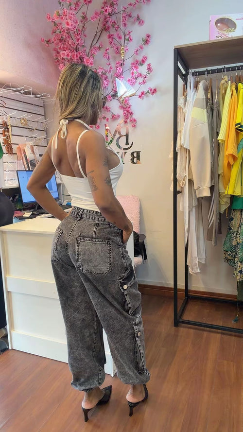 Calça Jeans Cargo Aladim Preto Estonado